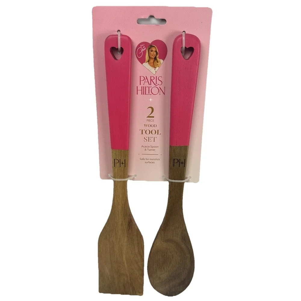 Paris Hilton 2 Pc Acacia Wood Tool Set Pink Spoon Turner Kitchen Utensils